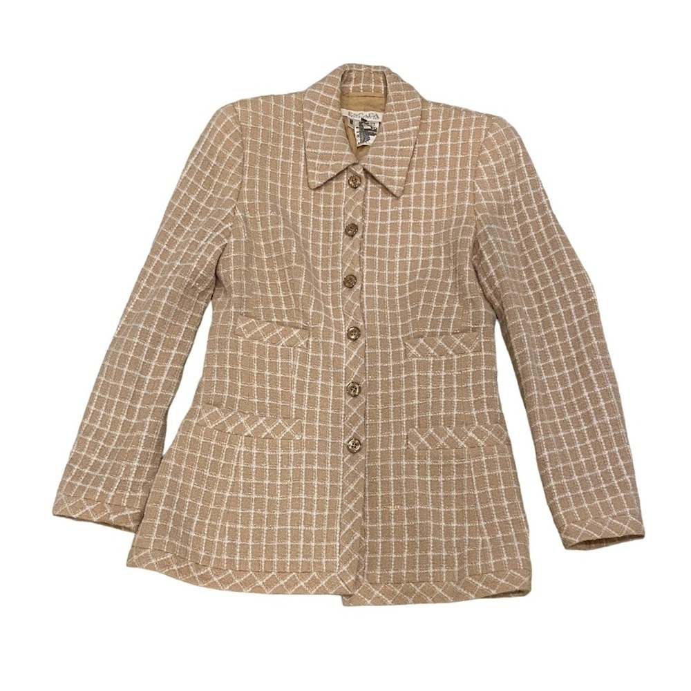 ESCADA 34 Boucle Tweed Blazer Jacket Wool Blend Shoulder Pads Yellow Cream EUC